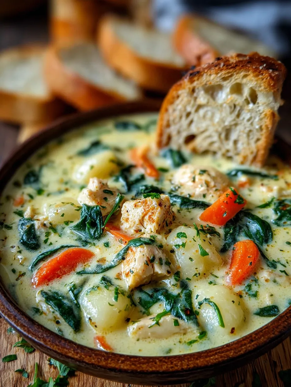 A bowl of soup with bread and vegetables.
