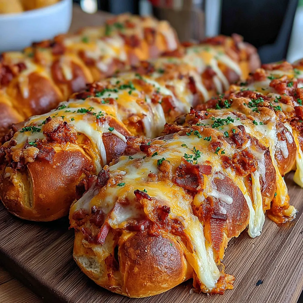 A plate of food with a cheese and bacon wrapped bread.