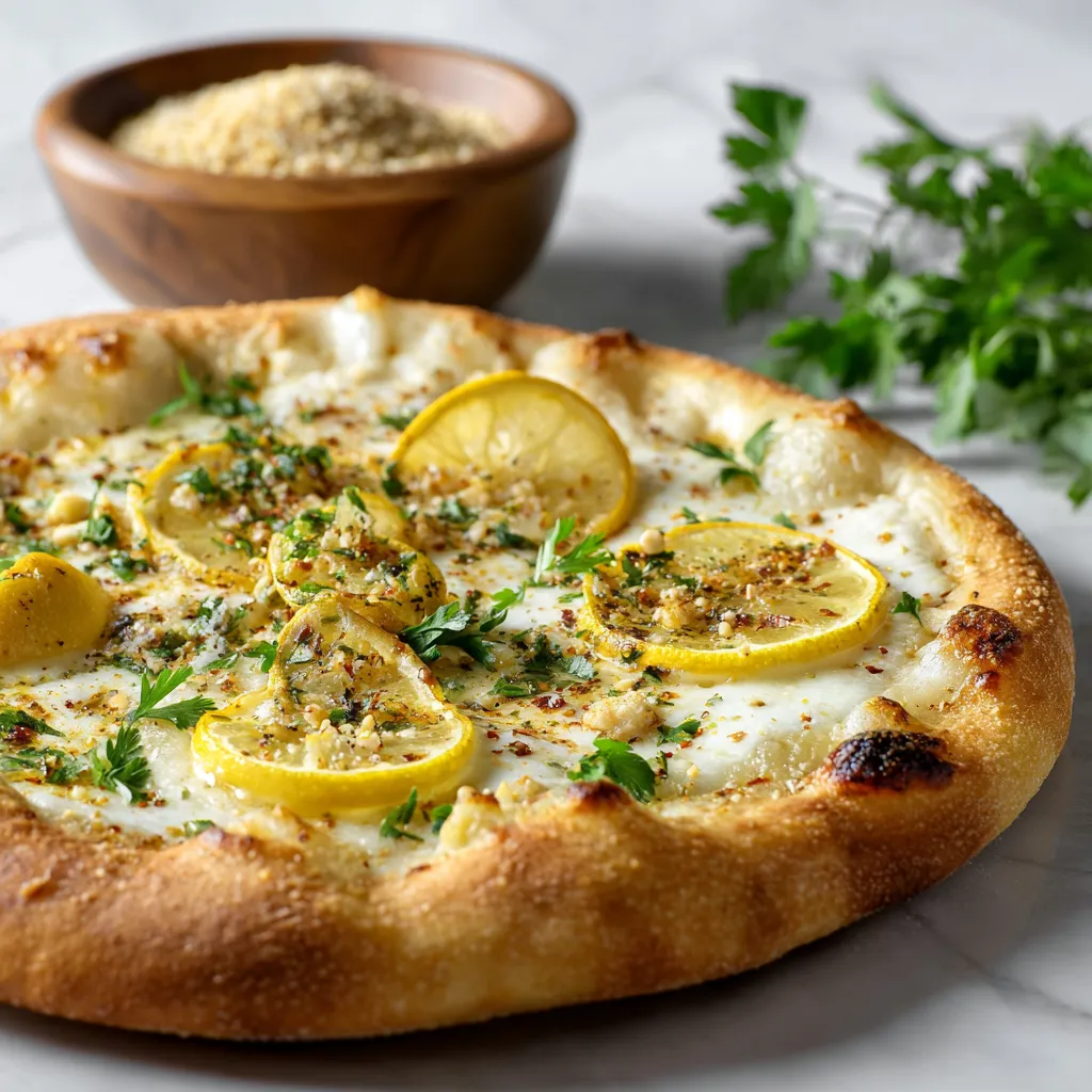 A pizza with yellow lemon slices on top.