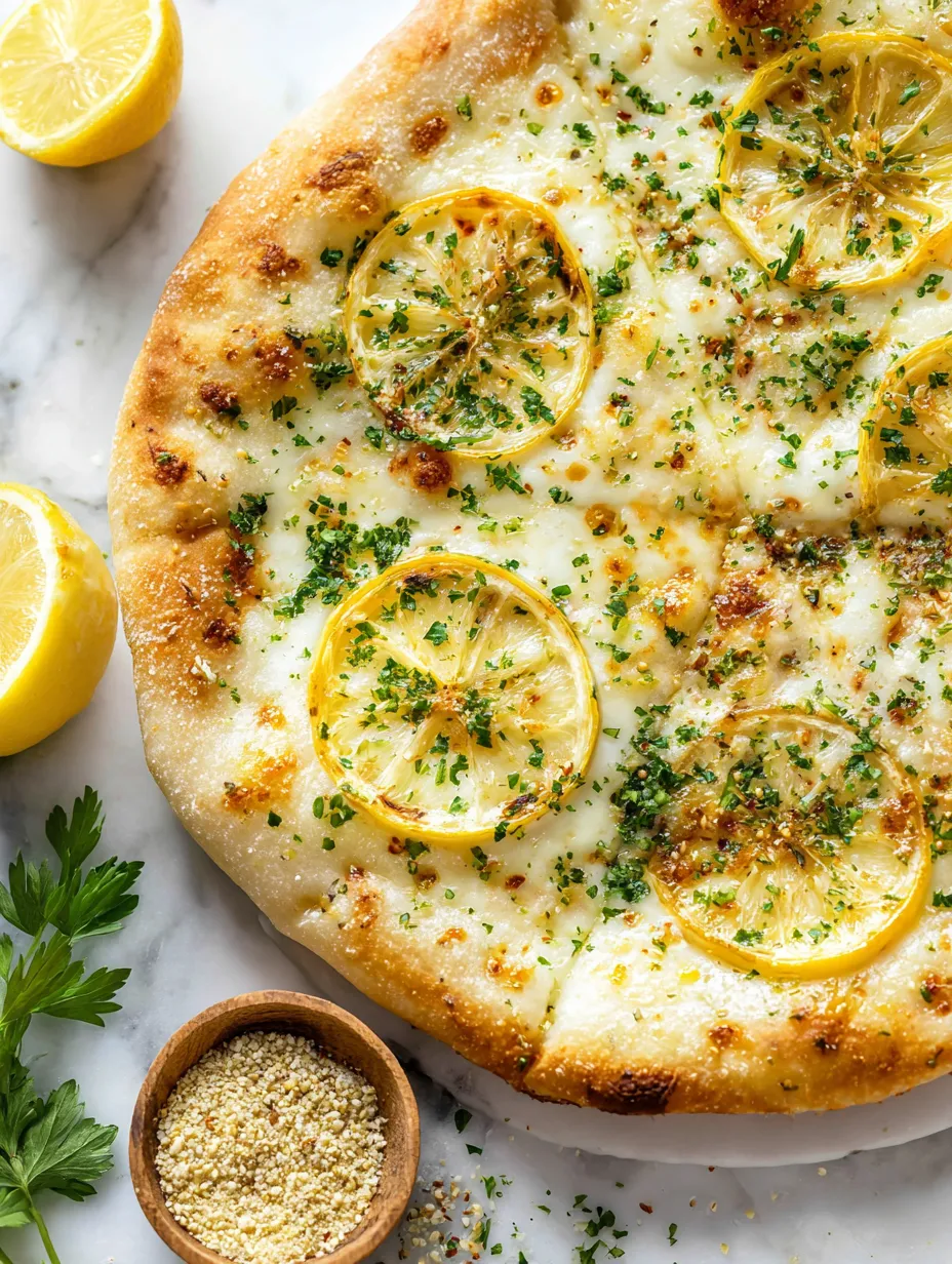A pizza with lemon slices on top.