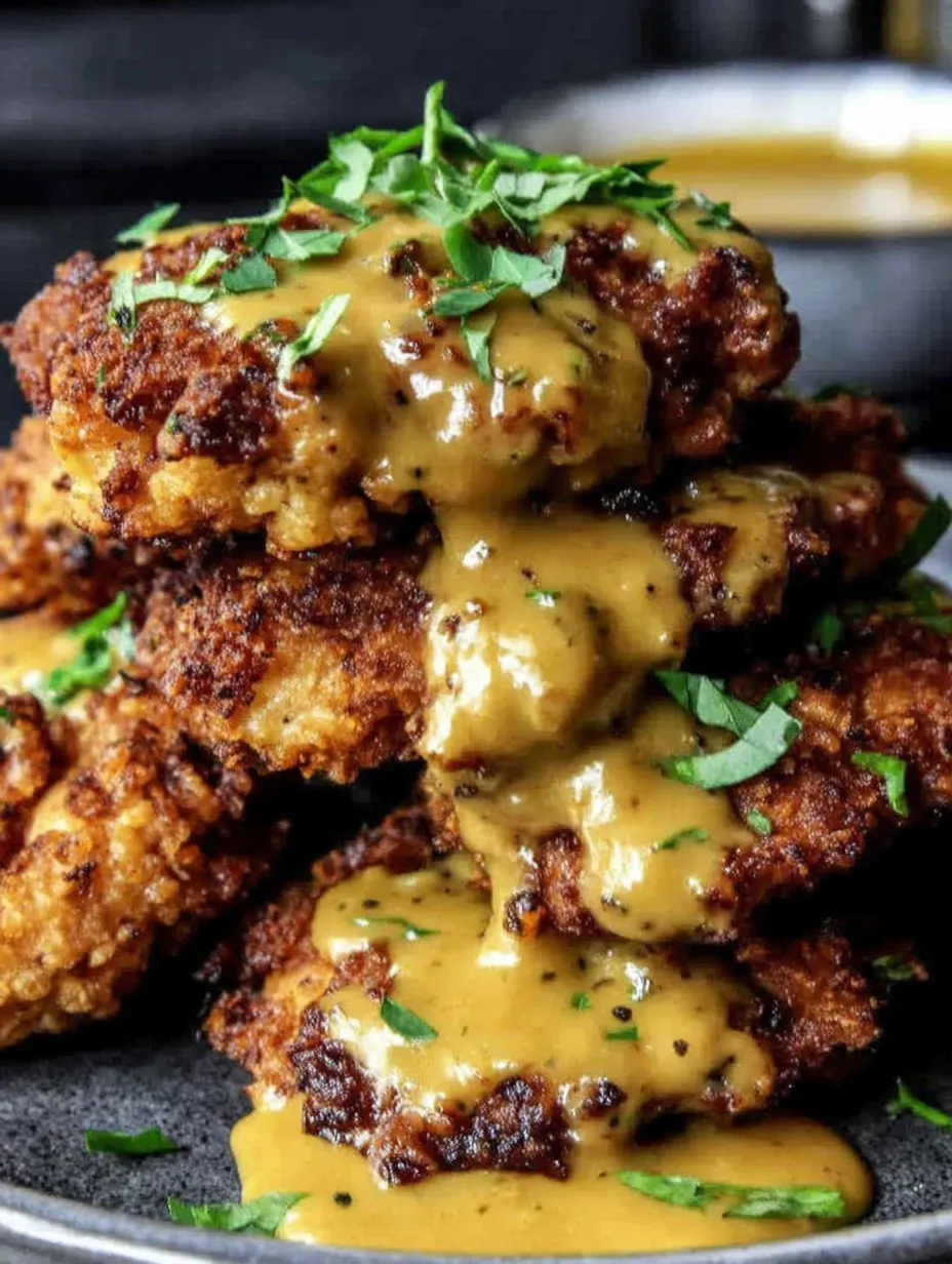 A stack of breaded meat with a brown sauce on top.