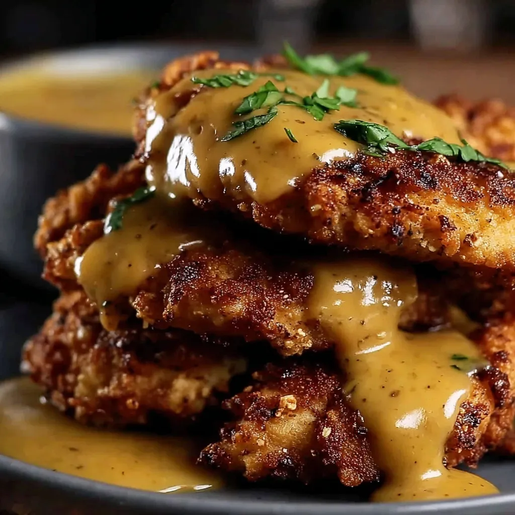 A plate of fried chicken with gravy.