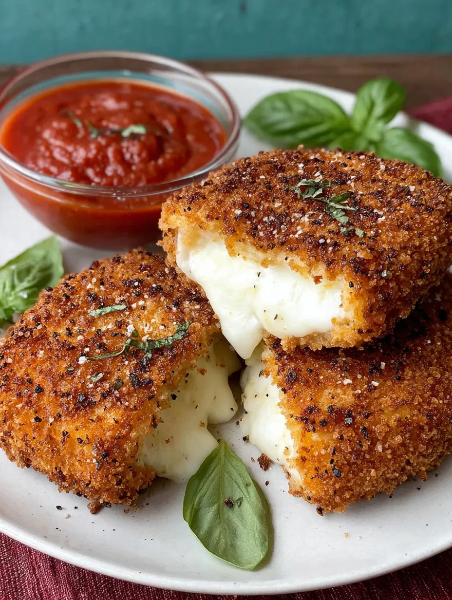Two pieces of breaded cheese with marinara sauce on a plate.
