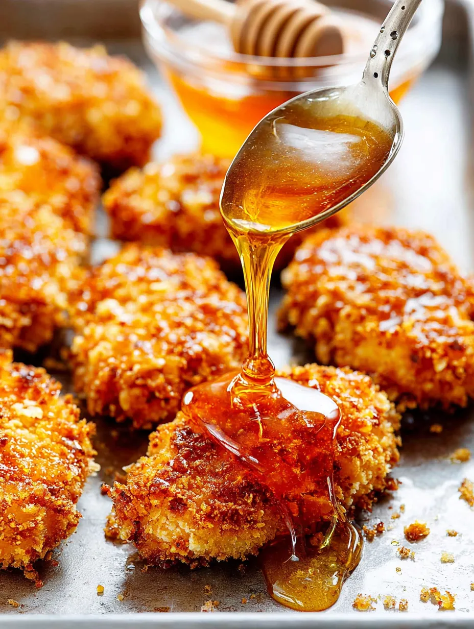 A spoonful of honey drizzled over some breaded chicken.