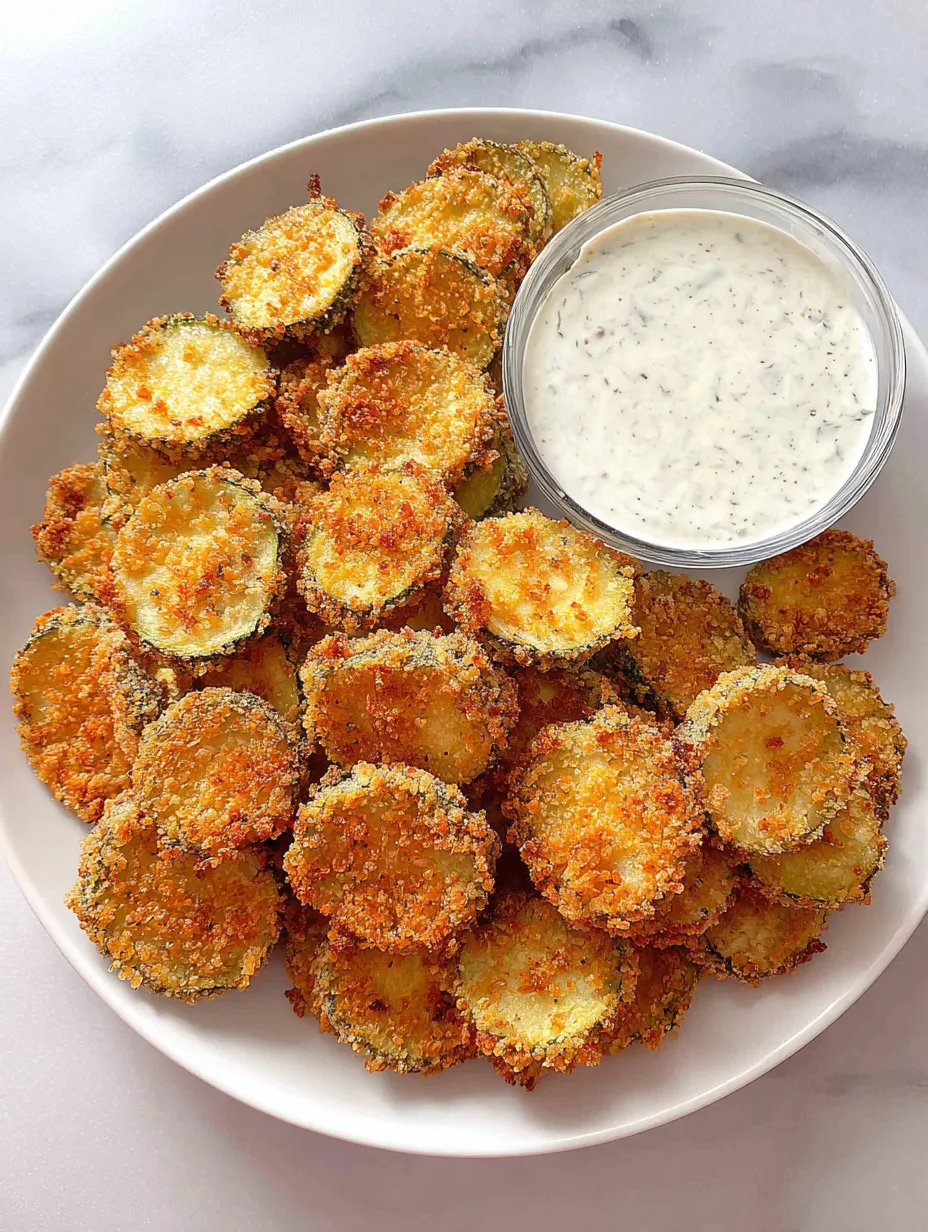 A plate of fried zucchini with a side of ranch dressing.