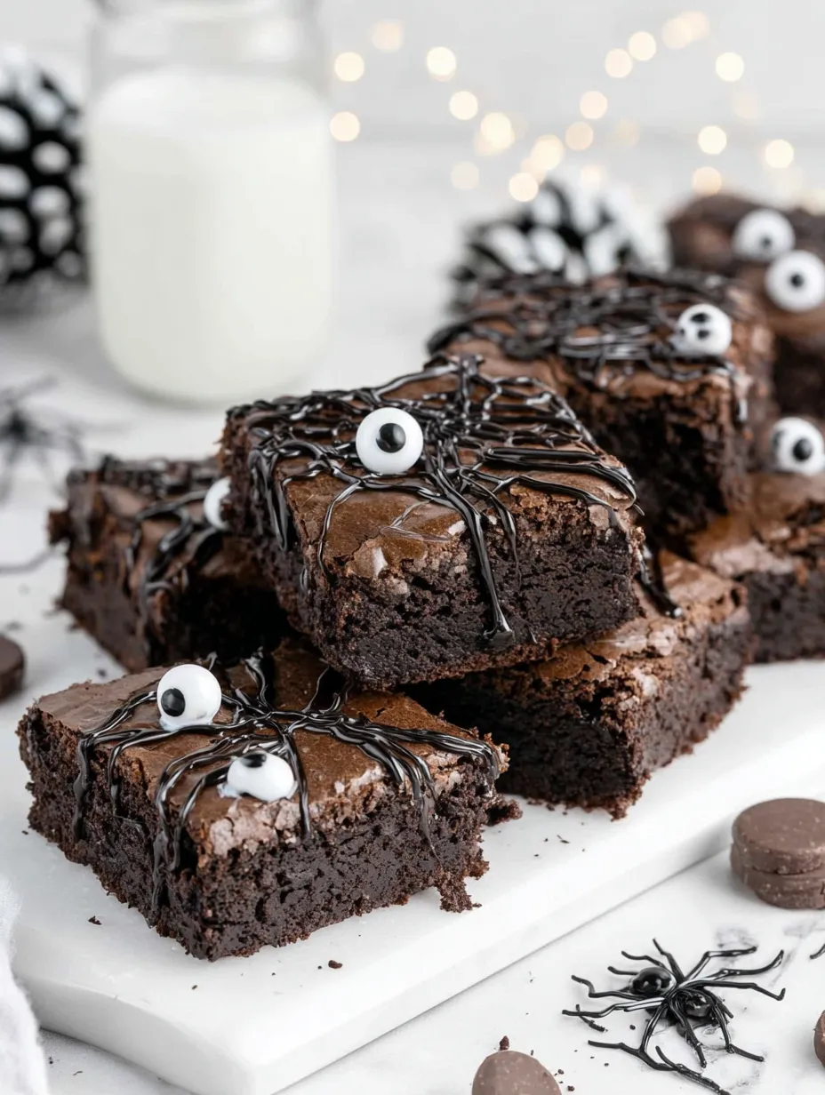 A plate of brownies with chocolate and black icing.