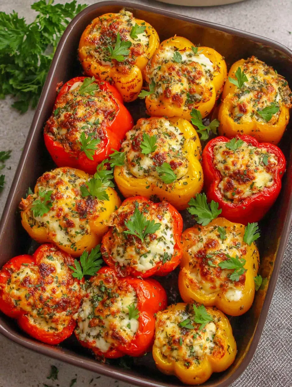 A pan of peppers with cheese on top.