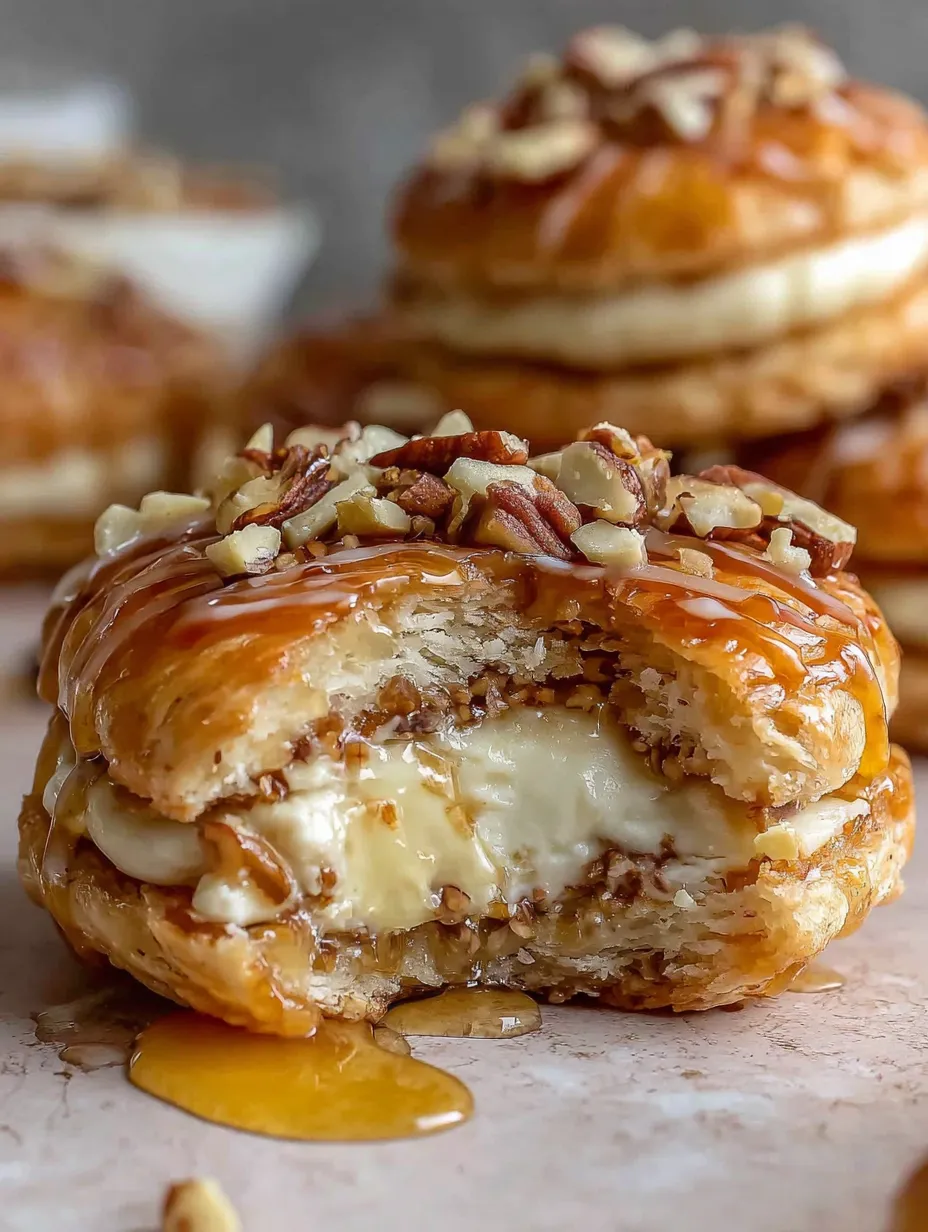 A pastry with nuts and caramel drizzled on top.