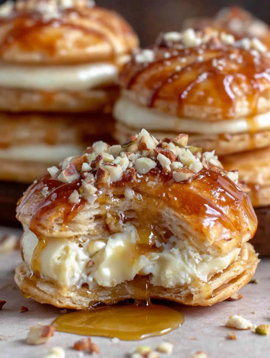 A pastry with a caramel sauce and nuts on top.