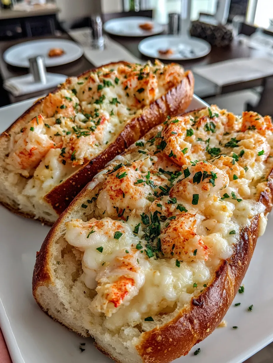 Two sandwiches with shrimp and cheese on a white plate.