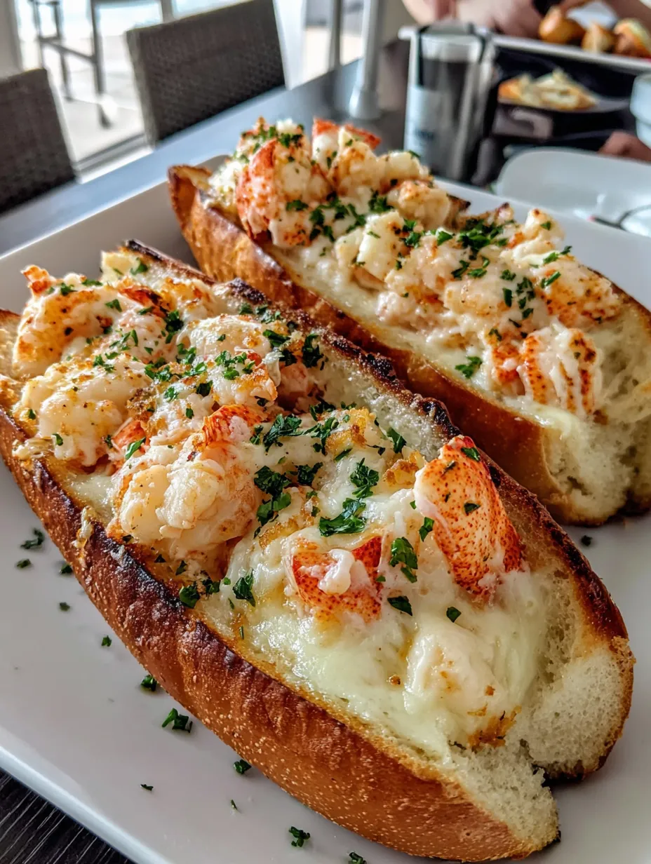 Two pieces of bread with lobster meat on top.