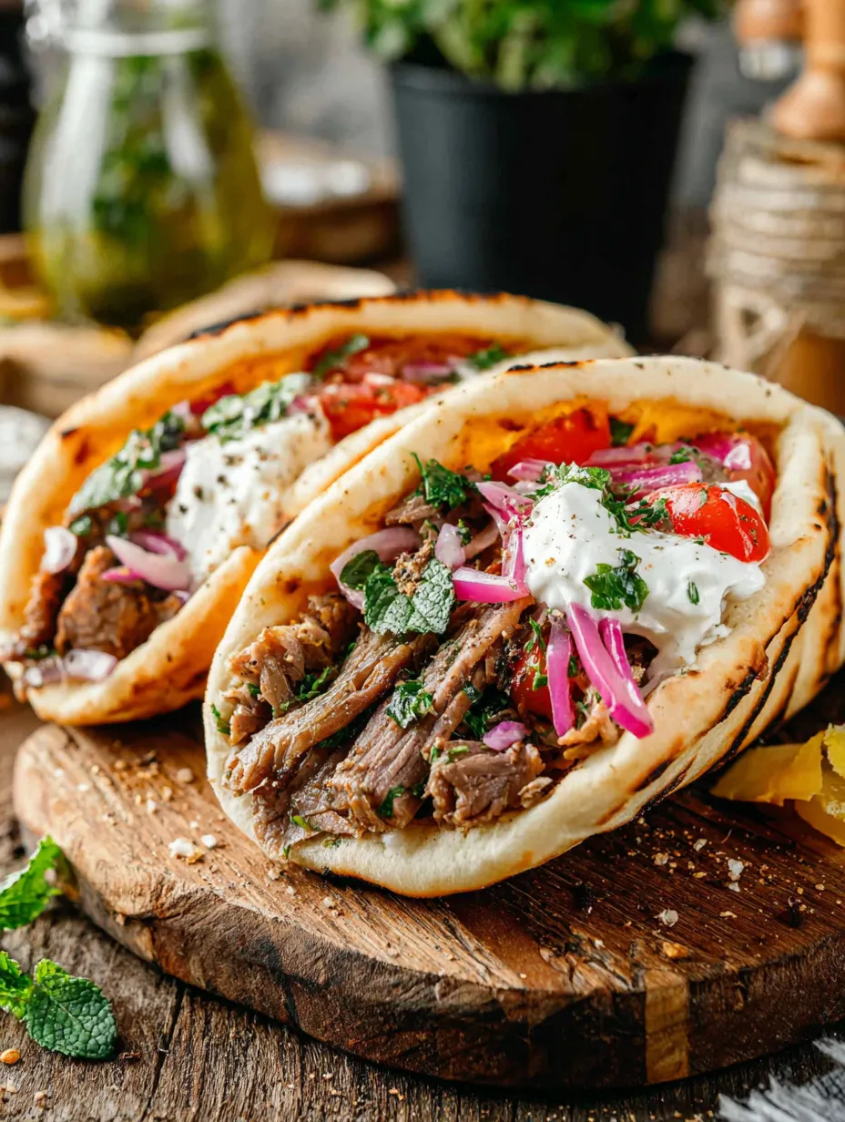 Two meat pita sandwiches with tomatoes and onions.