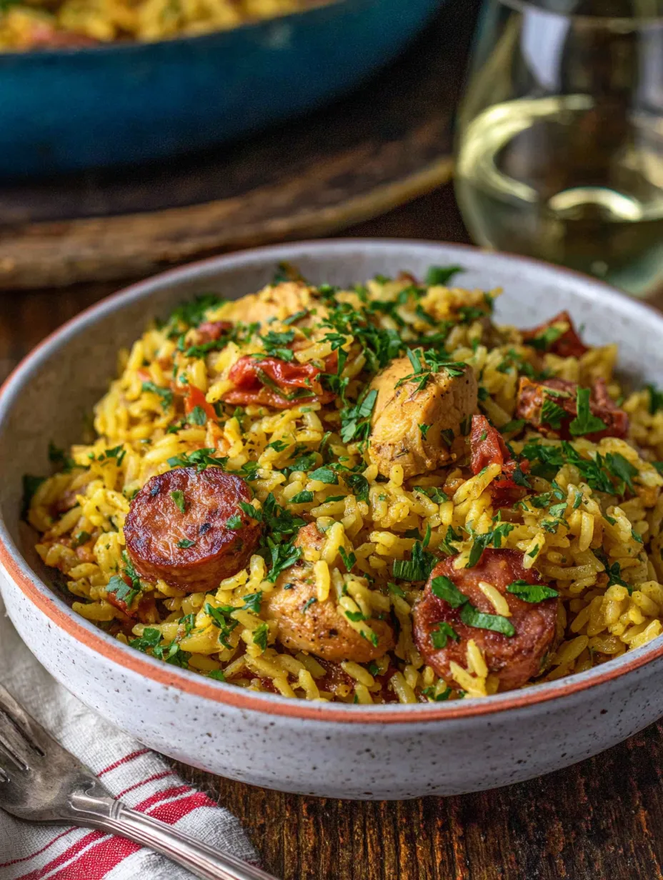 A bowl of rice with sausage and vegetables.