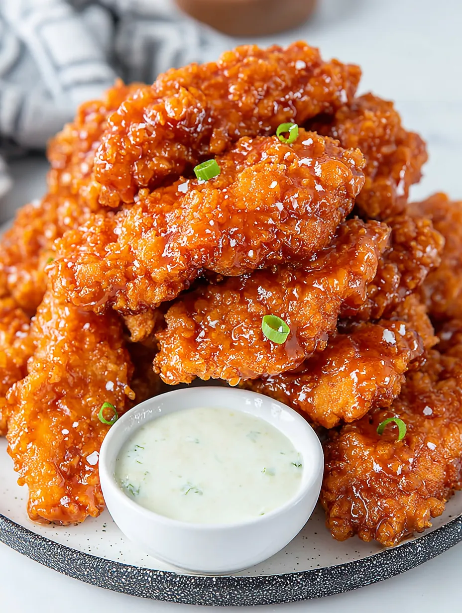 A plate of fried chicken with a white sauce.