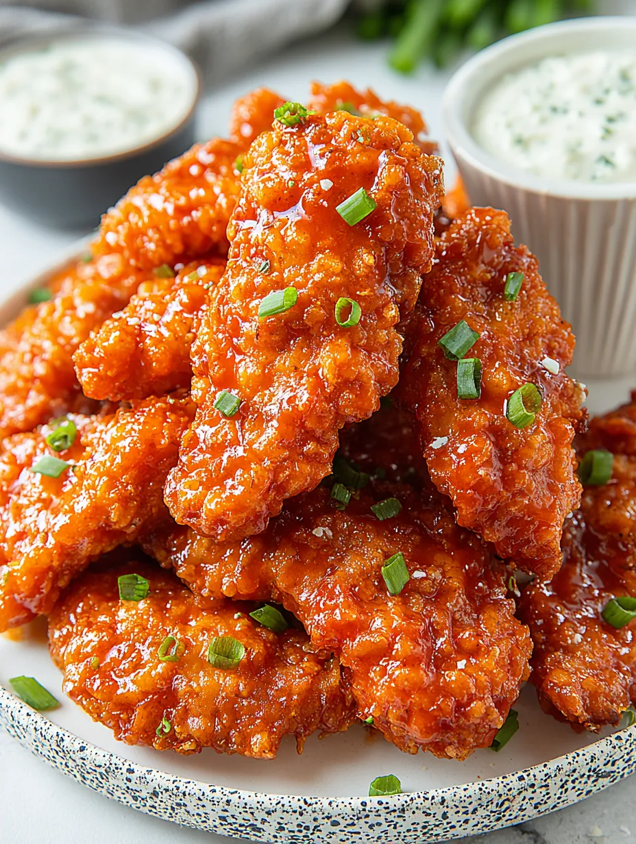A plate of fried chicken with a side of ranch dressing.