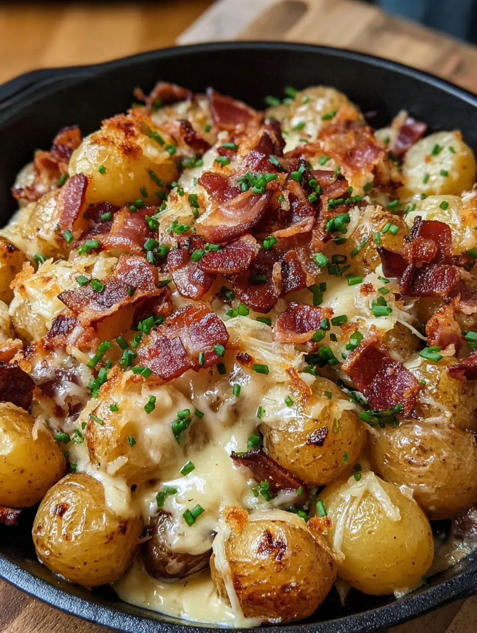 A dish of food with bacon and potatoes.