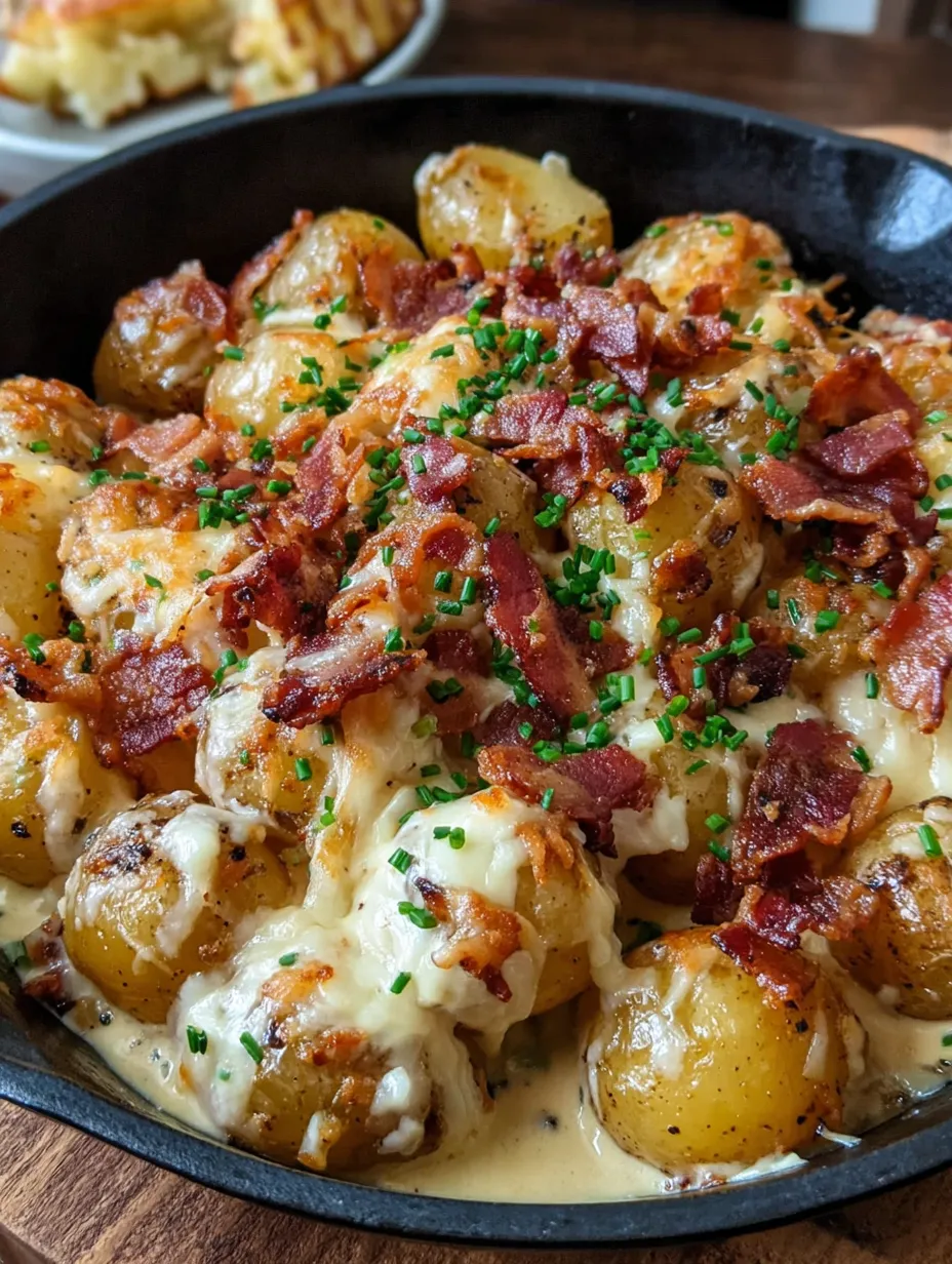 A bowl of food with bacon and potatoes.