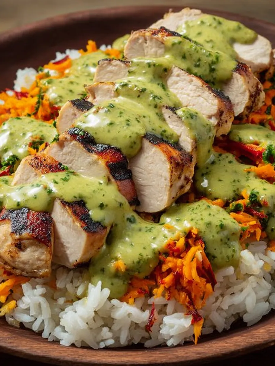 A plate of rice with chicken and sauce.