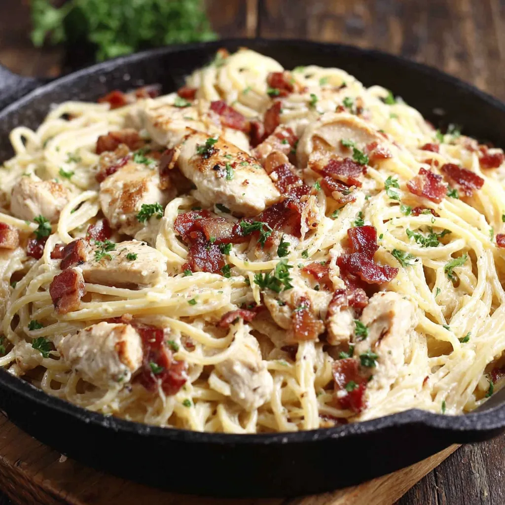 A pan of chicken and noodles.