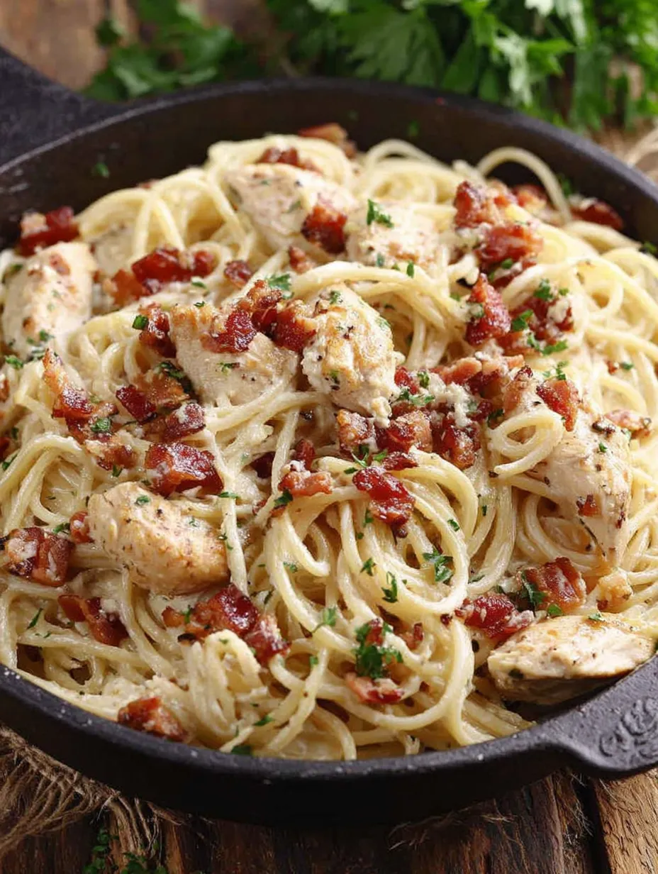 A bowl of pasta with chicken and bacon.