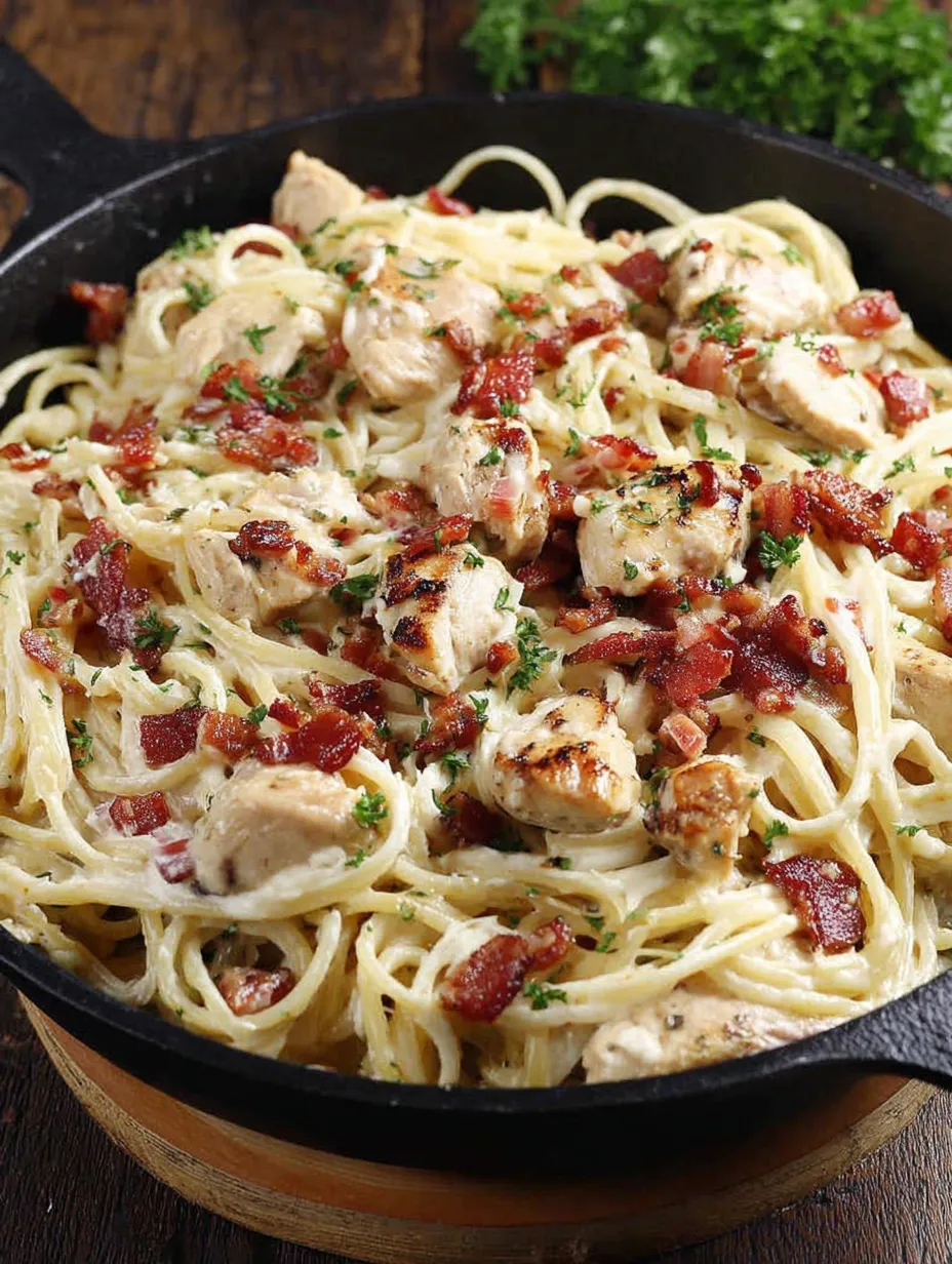 A bowl of pasta with chicken and bacon.