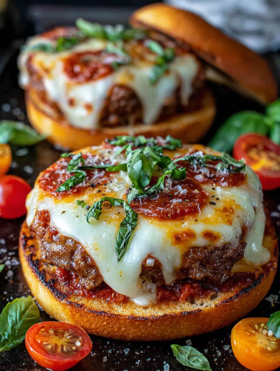 Two cheese and tomato burgers on a plate.