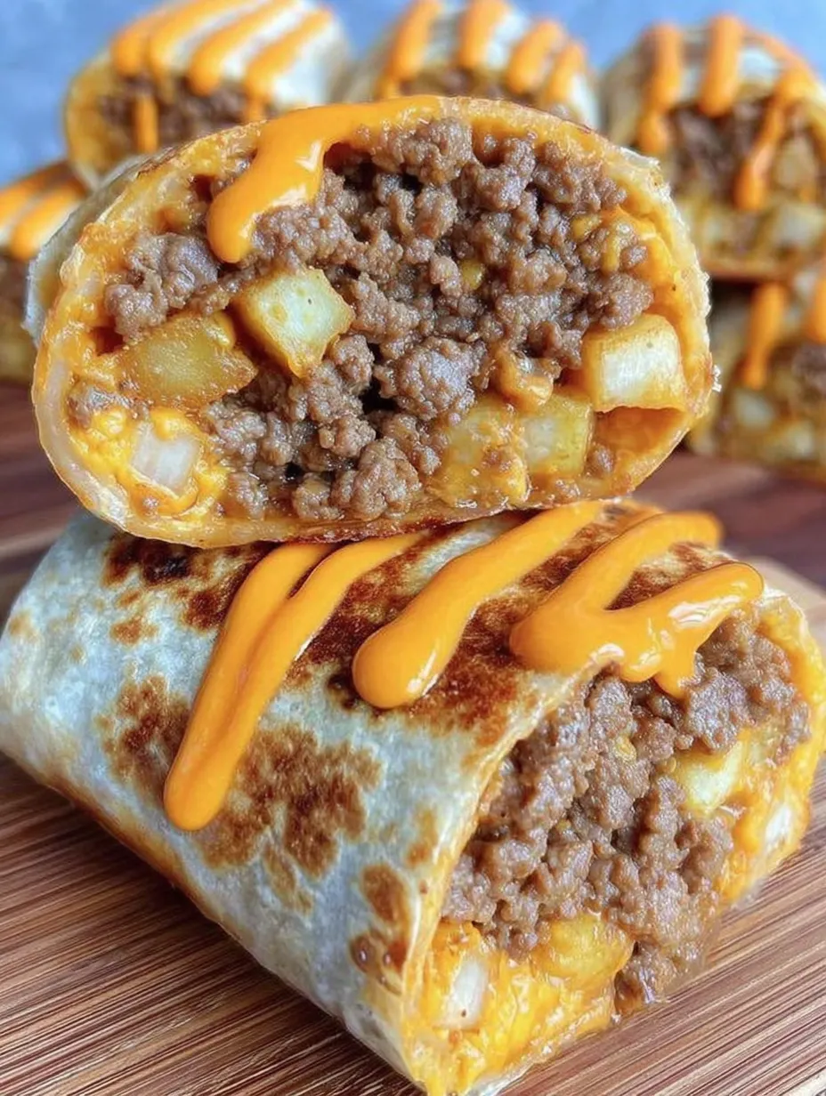 A burrito with cheese and meat on top.