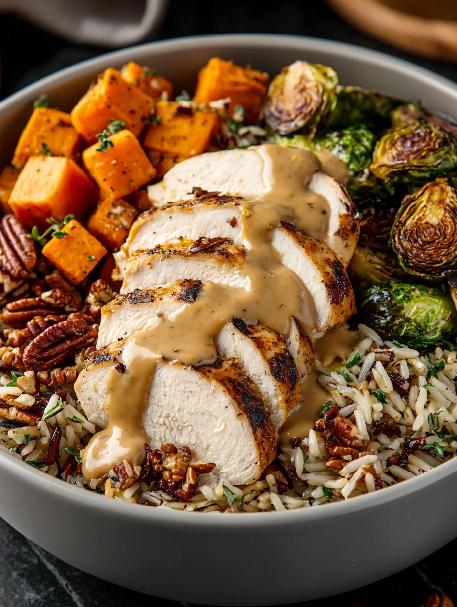 A bowl of food with rice, chicken, and vegetables.