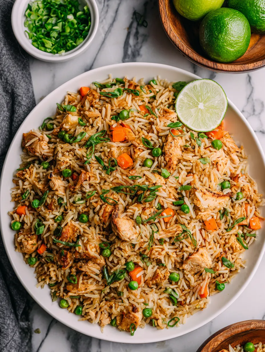 A plate of rice with chicken and peas.