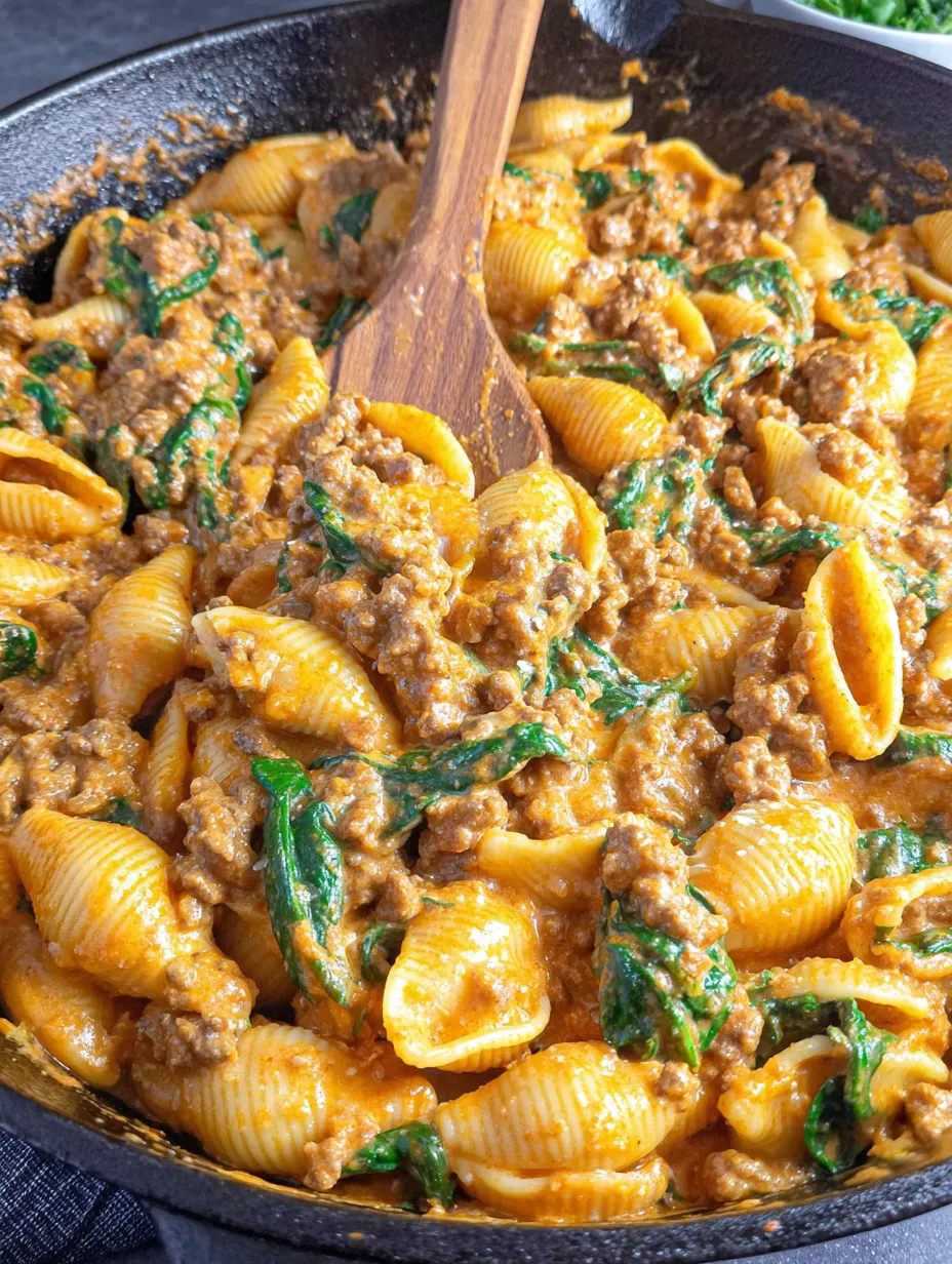 A bowl of pasta with meat and greens.