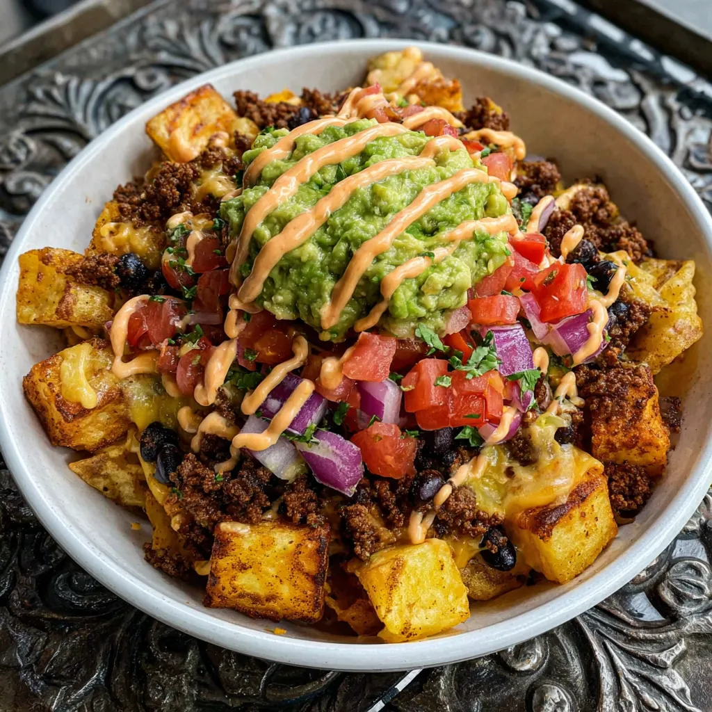 A bowl of food with a dollop of sour cream on top.