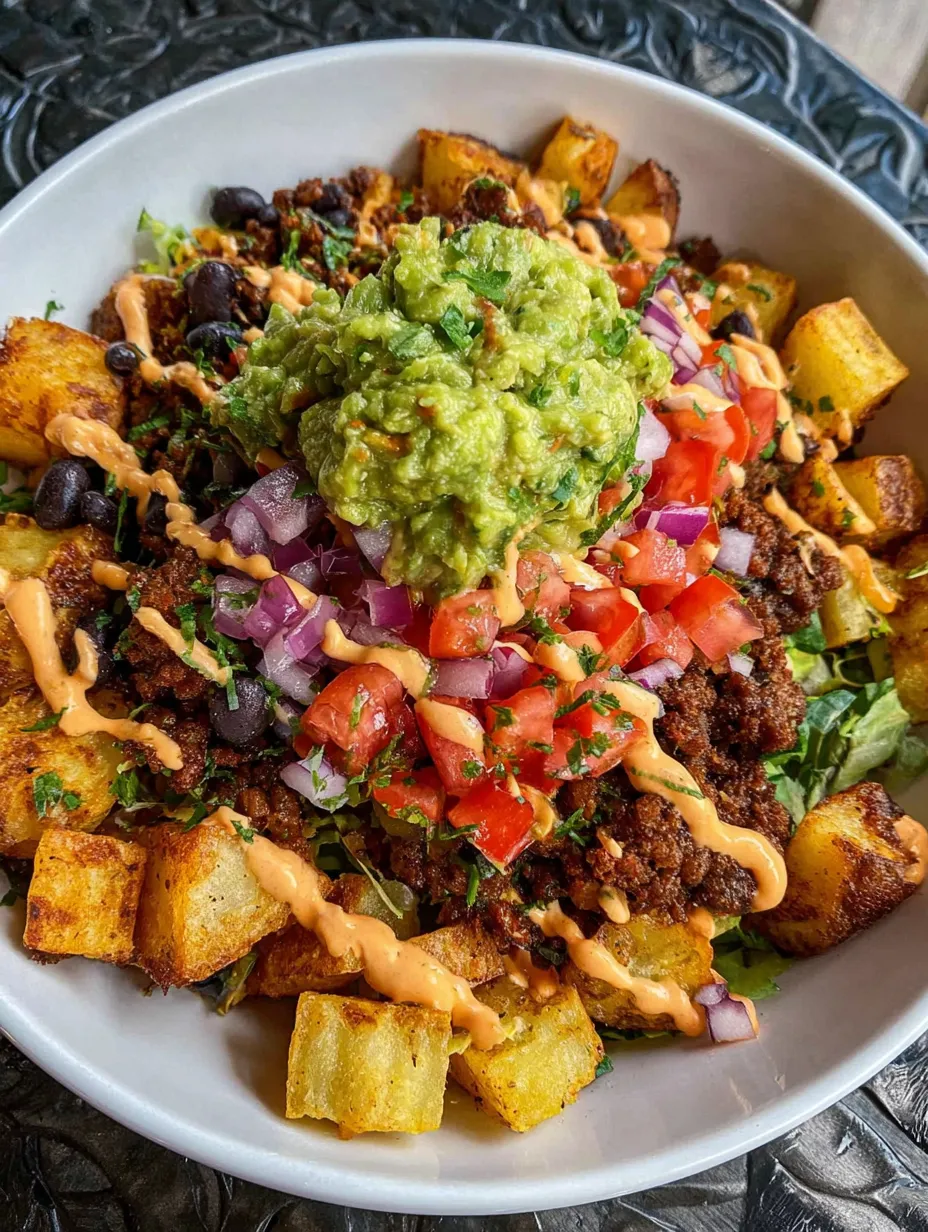 A bowl of food with a green sauce on top.
