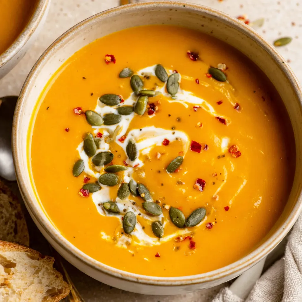 A bowl of soup with a spoon in it.