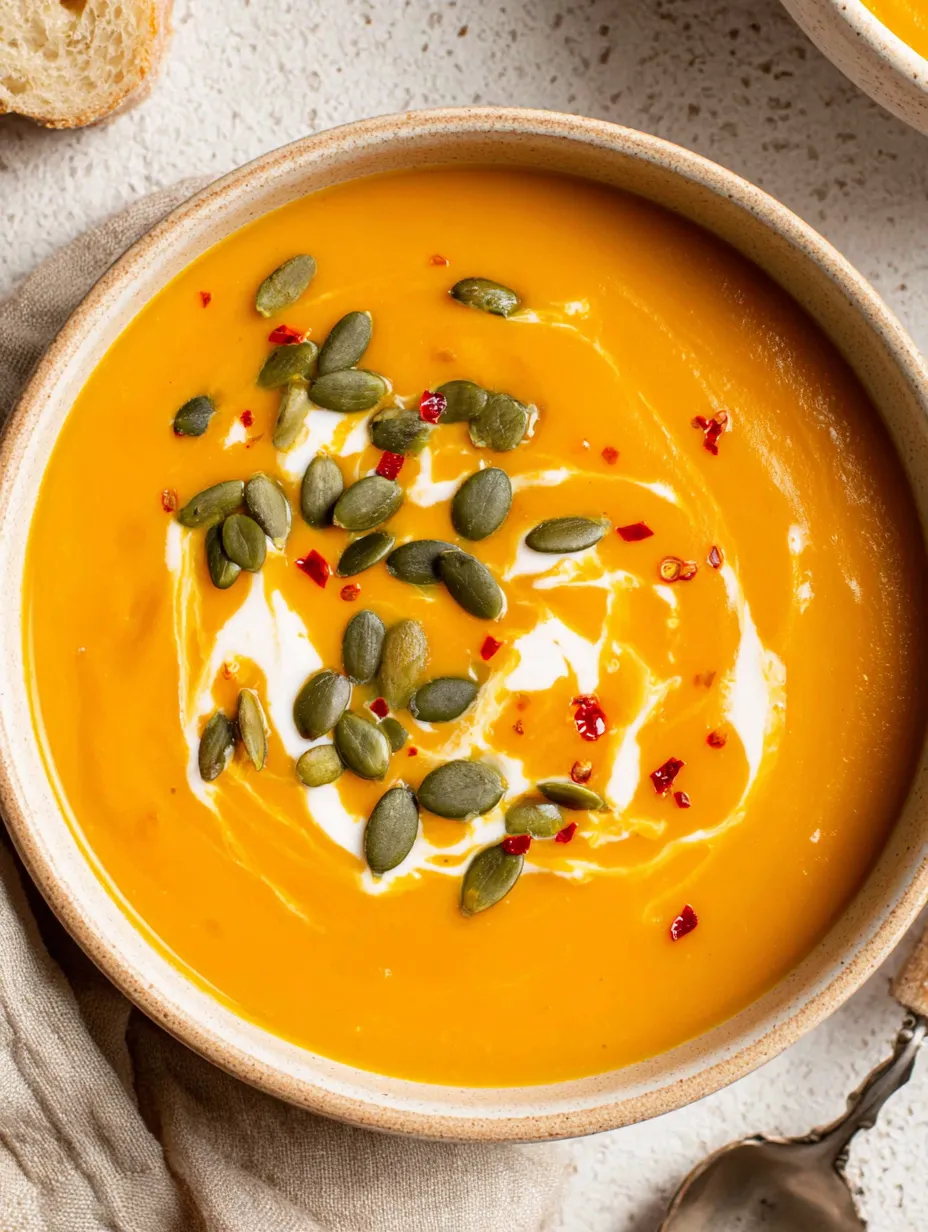 A bowl of soup with a pumpkin seed on top.