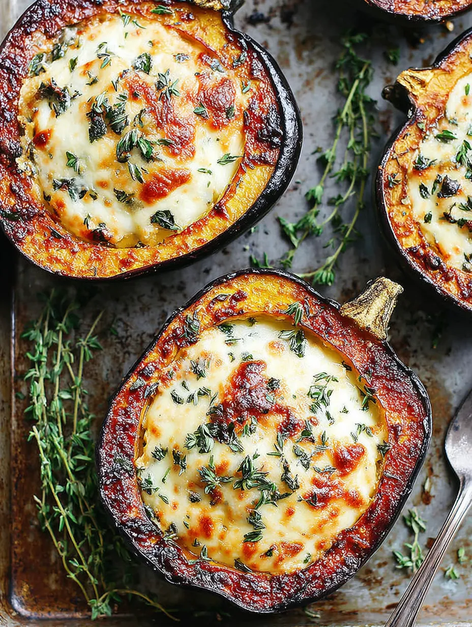 Two baked pumpkin dishes with cheese and herbs.