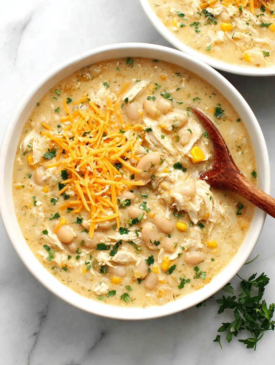 A bowl of soup with chicken and beans.
