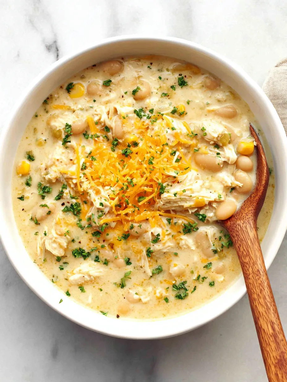 A bowl of soup with chicken and beans.