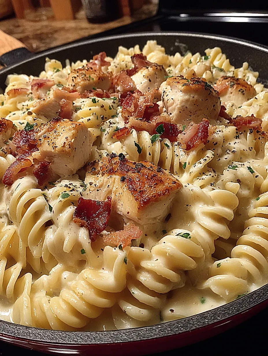 A dish of pasta with bacon and chicken.