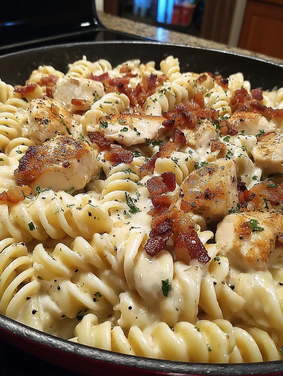 A bowl of pasta with chicken and bacon.