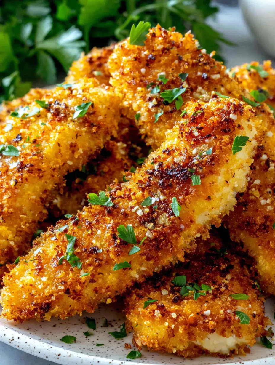 A plate of breaded chicken with parsley on top.