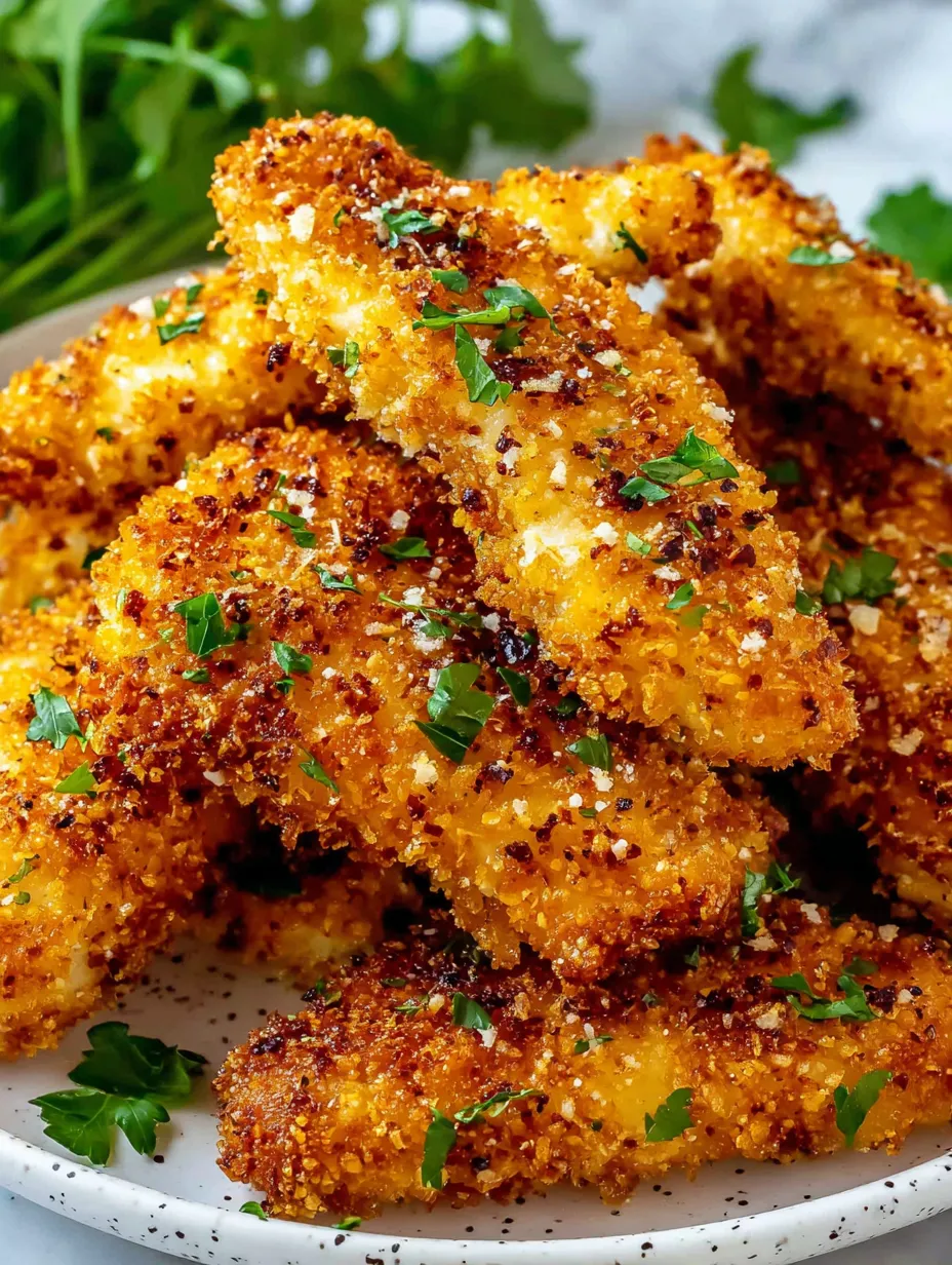 A plate of breaded chicken with parsley.