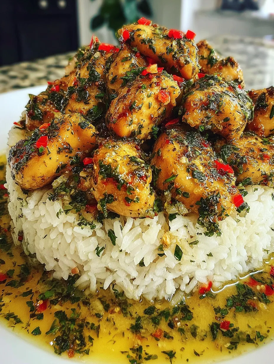 A plate of rice with chicken and peppers on top.