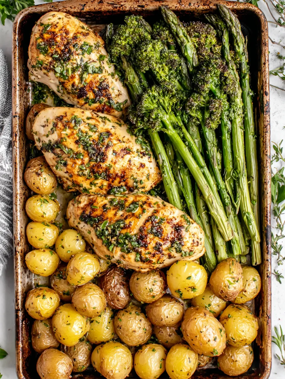 A pan of food with chicken, potatoes, and broccoli.
