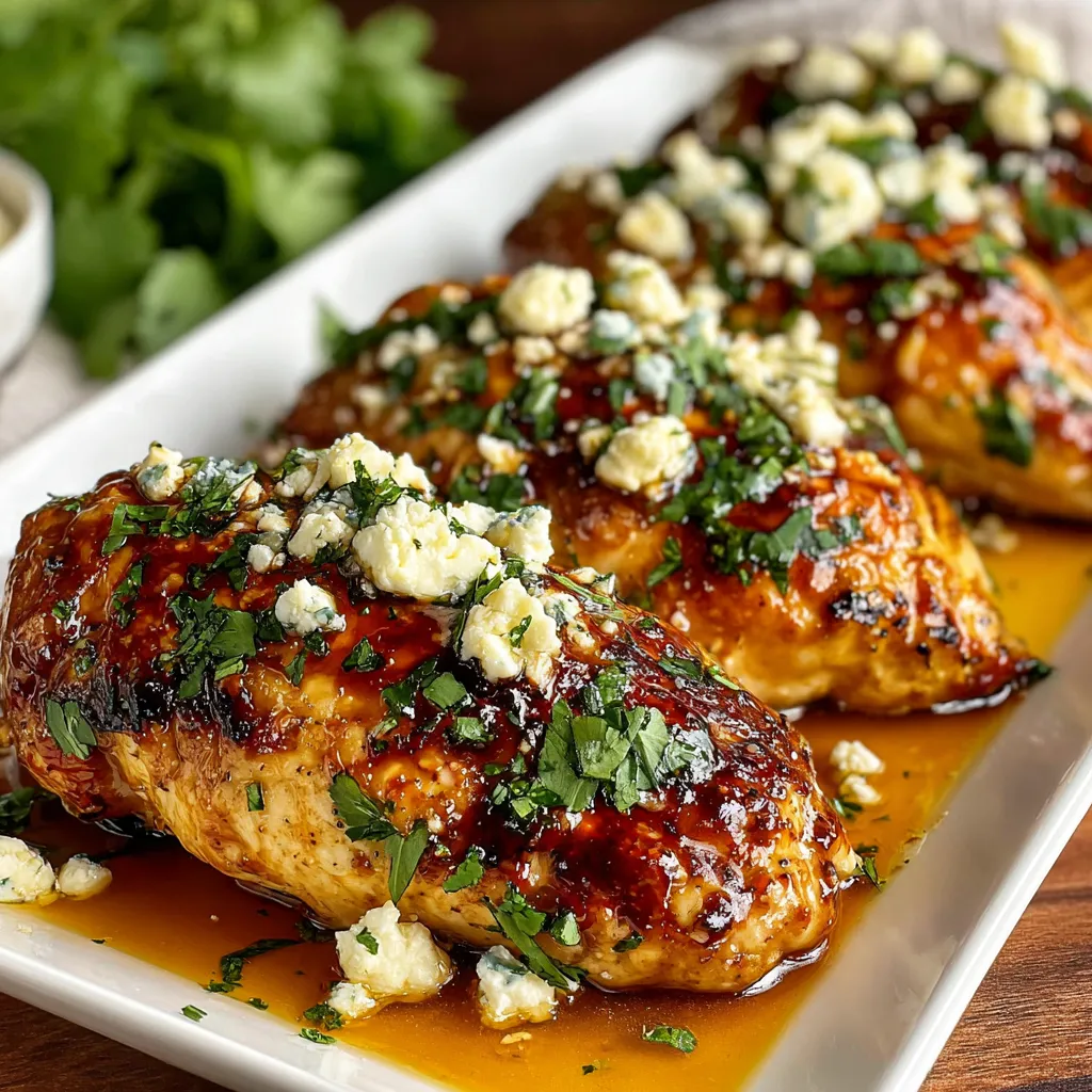 Chicken with blue cheese and sauce on a white plate.