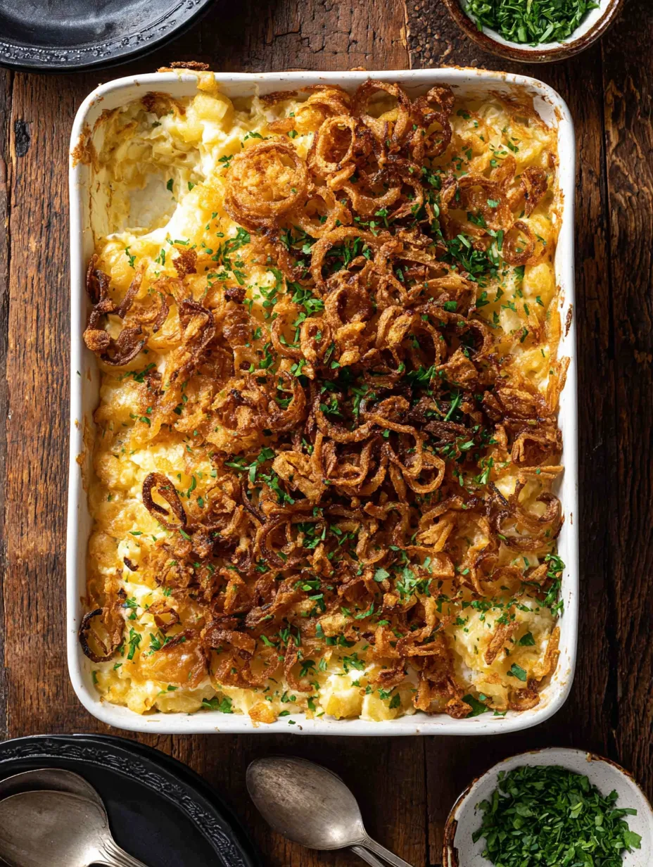 A white dish with a casserole and onions.