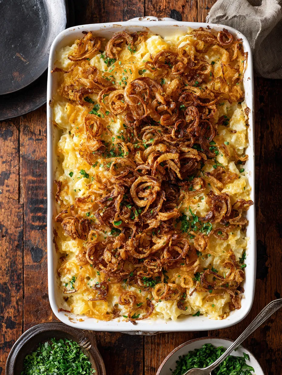 A dish of food with onions and cheese.