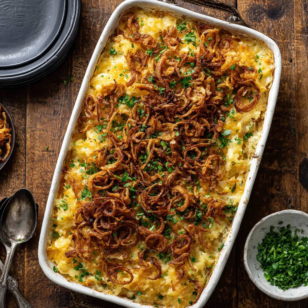 A casserole dish filled with cheesy noodles and onions.