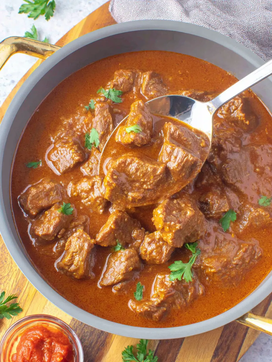 Ein Schmelztopf mit braunem Fleisch und einer Gabel darin.