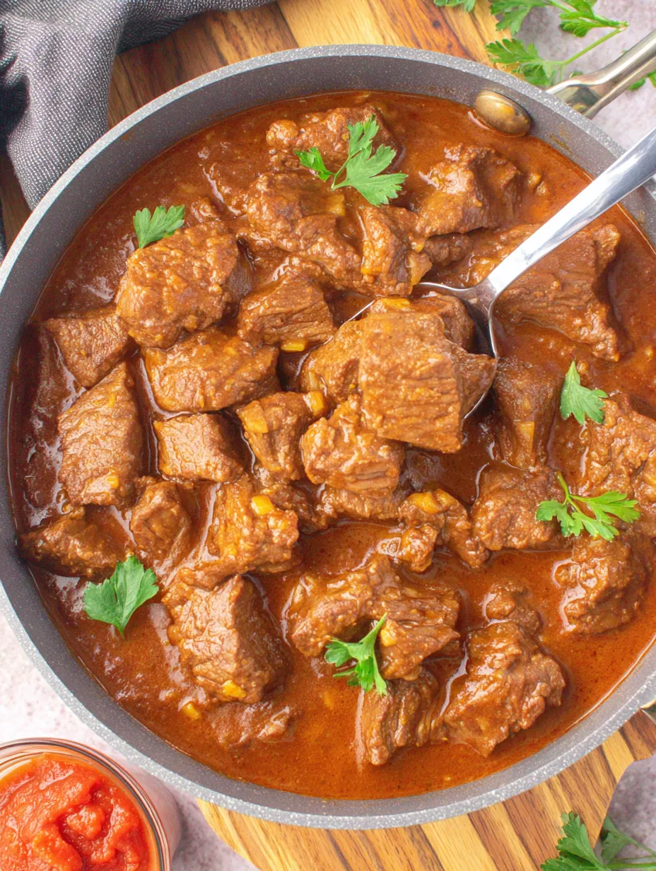 A bowl of beef stew with a spoon in it.