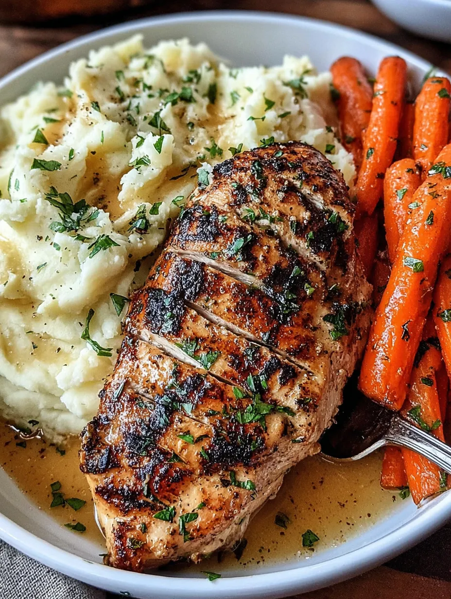 A plate of food with chicken, potatoes, and carrots.